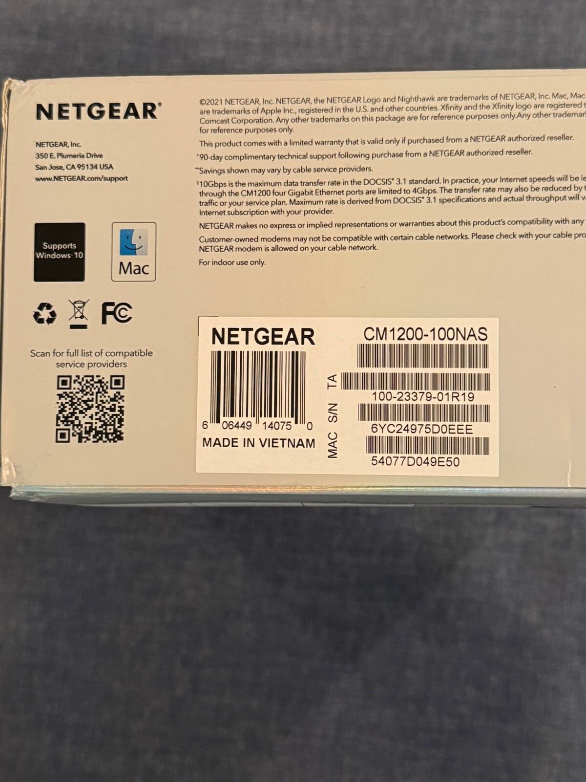 NETGEAR NIGHTHAWK CM1200 Multi-Gig Speed Cable Modem open box