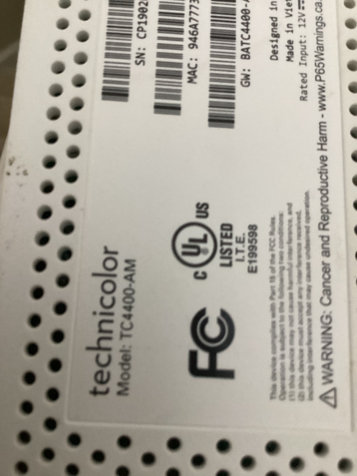 Technicolor Ultra-Broadband Cable Modem – Model TC4400-AM with power cord used