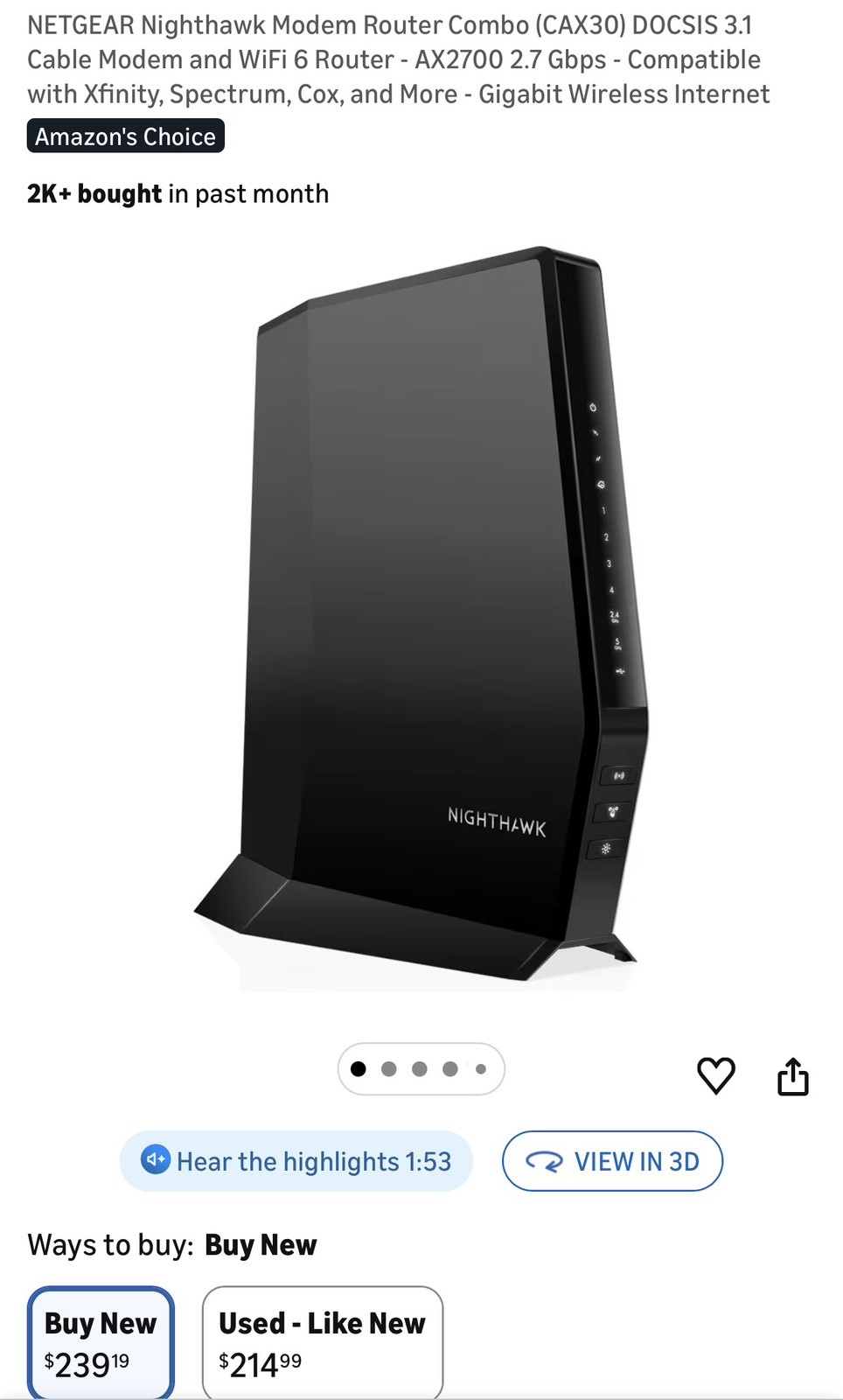 NETGEAR Nighthawk CAX30 AX2700 Wifi Modem Router Cable Gateway DOCSIS 3.1
