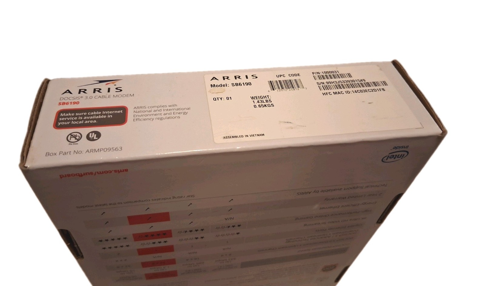 Arris Surfboard 3.0 Docsis Cable Modem Sb6190 1.4 GBPS Internet