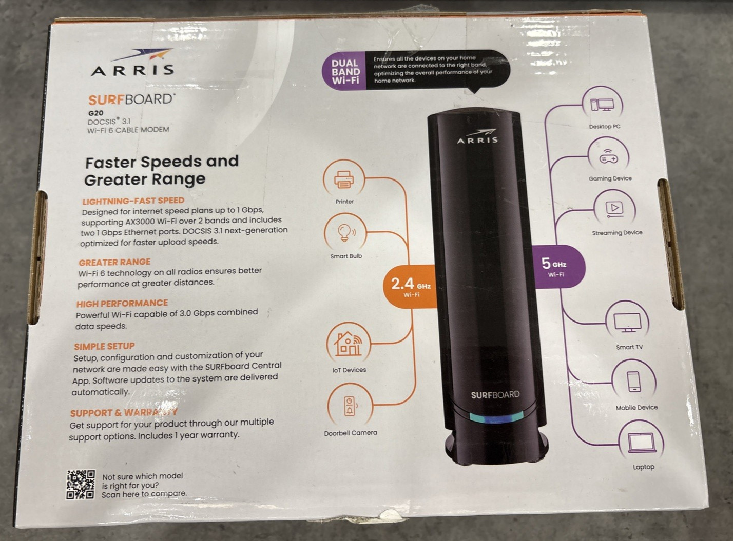 ARRIS G20 DOCSIS 3.1 Cable Modem & AX3000 WiFi Wi-Fi 6 Router