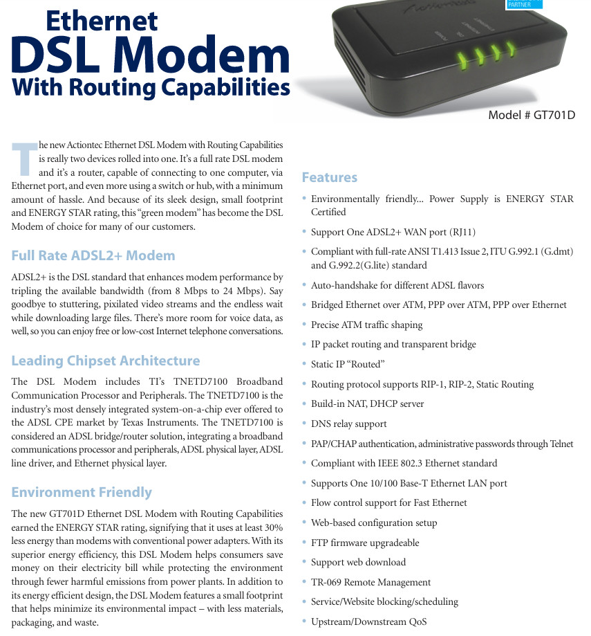 Actiontec High Speed DSL Modem GT701D