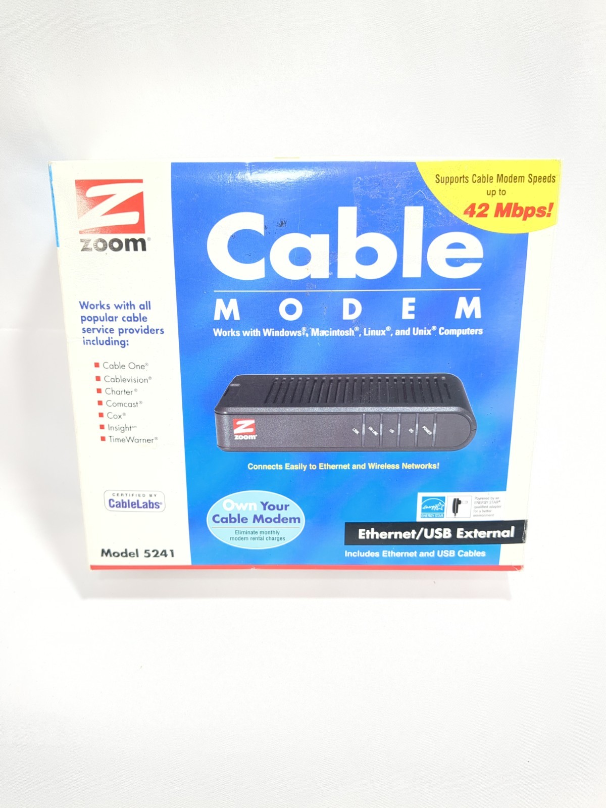 Zoom Cable Modem Model 5241 Ethernet USB External 42 Mbps Tested