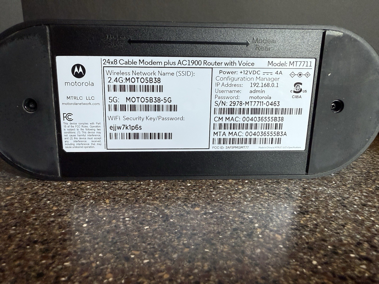 Motorola MT7711 24X8 Cable Modem plus AC1900 WiFi Router