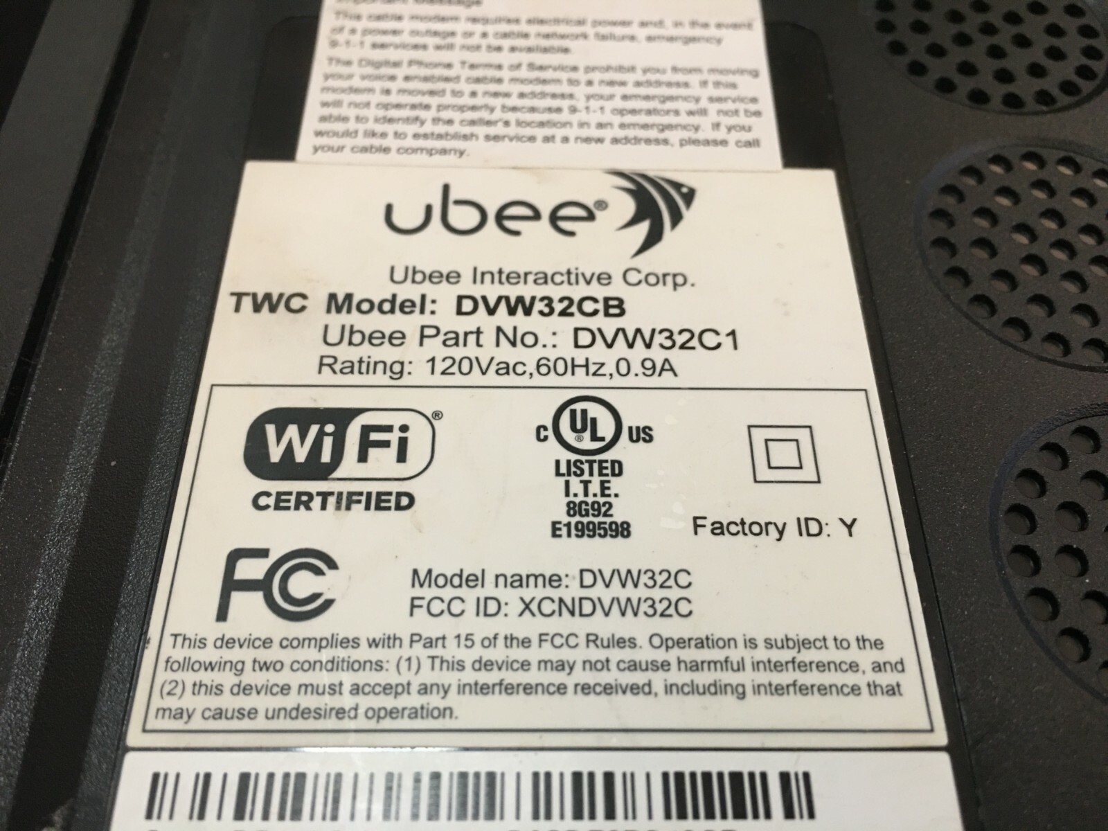 UBEE DVW32CB DOCSIS 3.0 Wireless Wi-Fi Modem Router Voice Gateway TWC