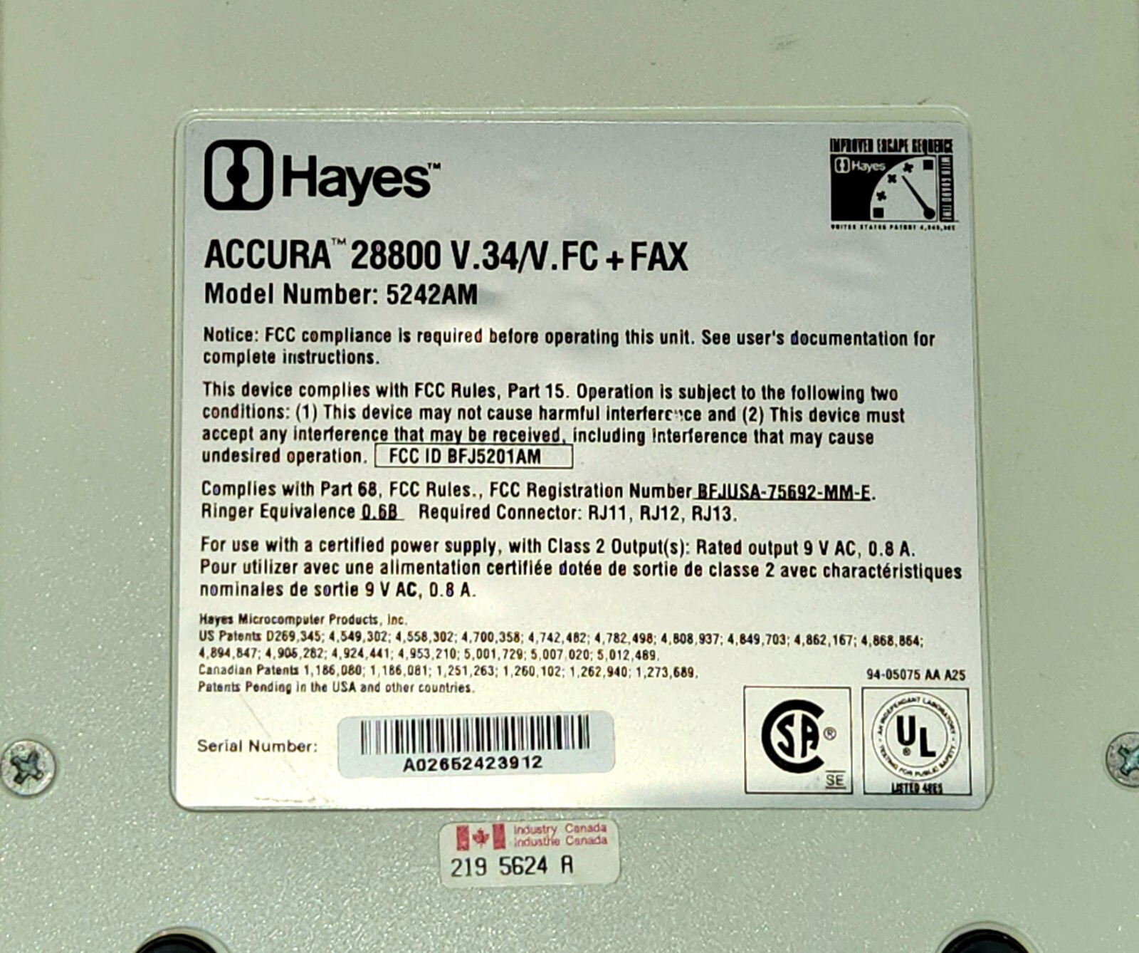 Hayes External Accura 288 V.34/V.FC + Fax Modem w/Power Supply (Model 5242AM)
