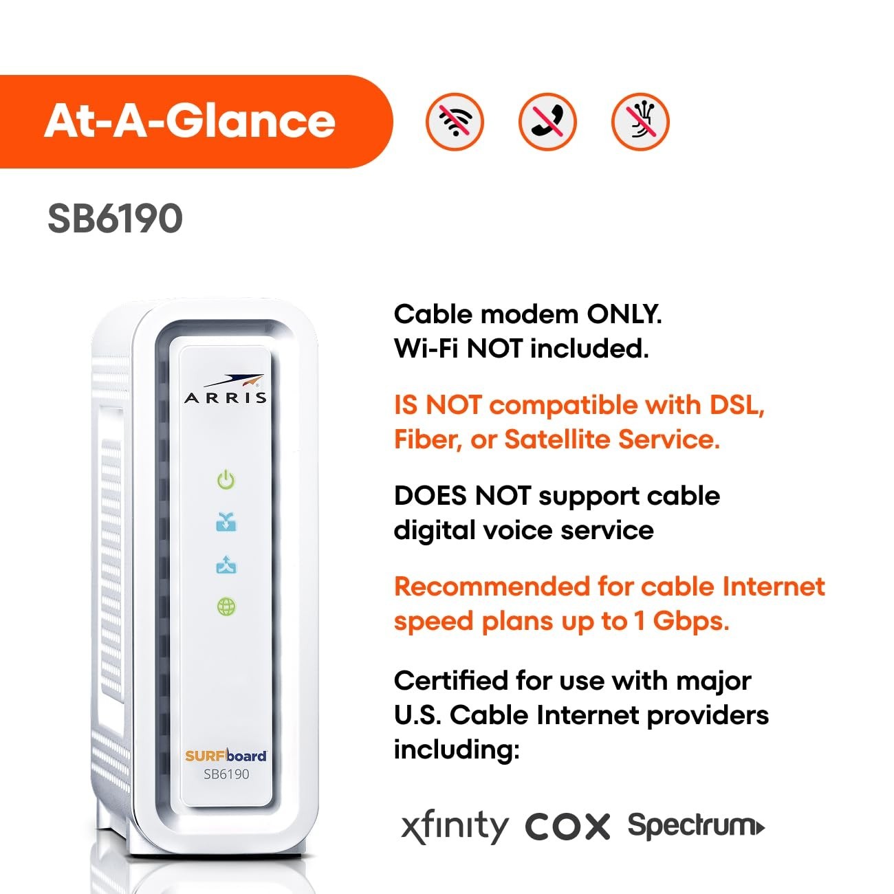 High-Speed DOCSIS 3.0 Cable Modem, 32×8, 1 Gbps Port, 800 Mbps Max Speed, 2-Year