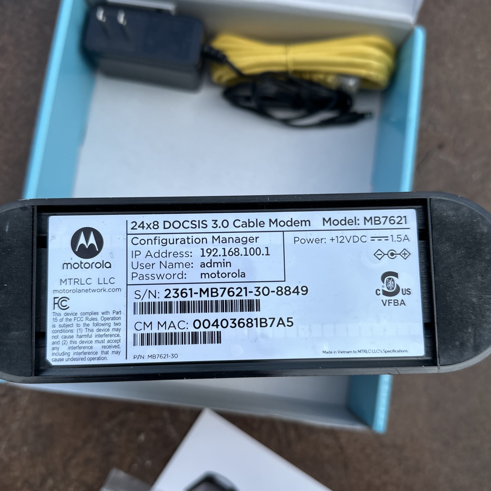Motorola MB7621 1802 V1.0 Modem 1000 MBPS 24×8 Cable ~ Brand New