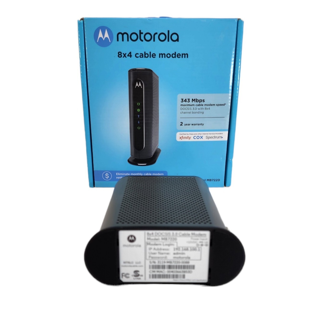 MOTOROLA 8×4 Cable Modem, Model MB7220, 343 Mbps DOCSIS 3.0