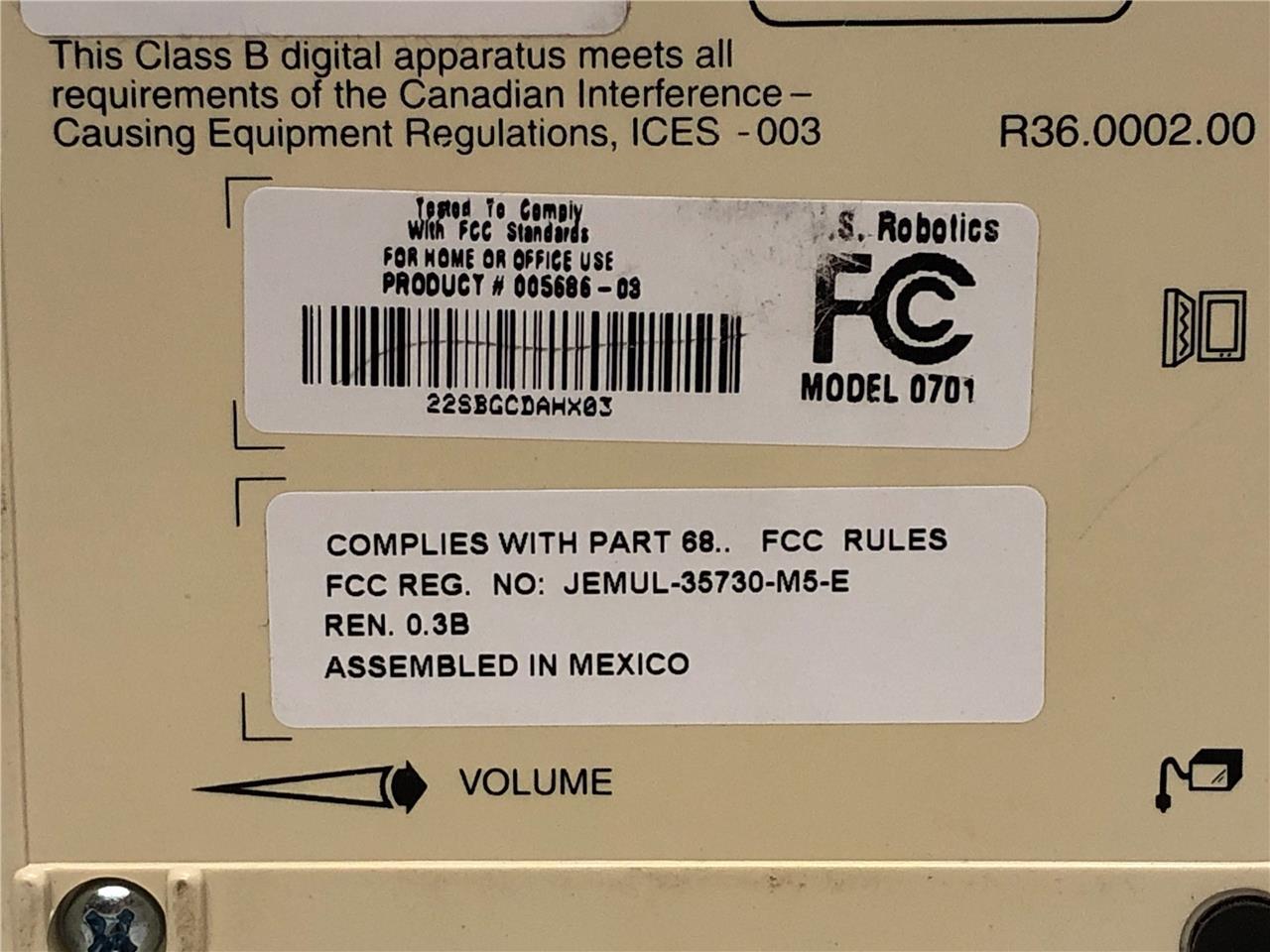 USRobotics Faxmodem V.90 56K Standard and x2 Technology Compatible Model 0701