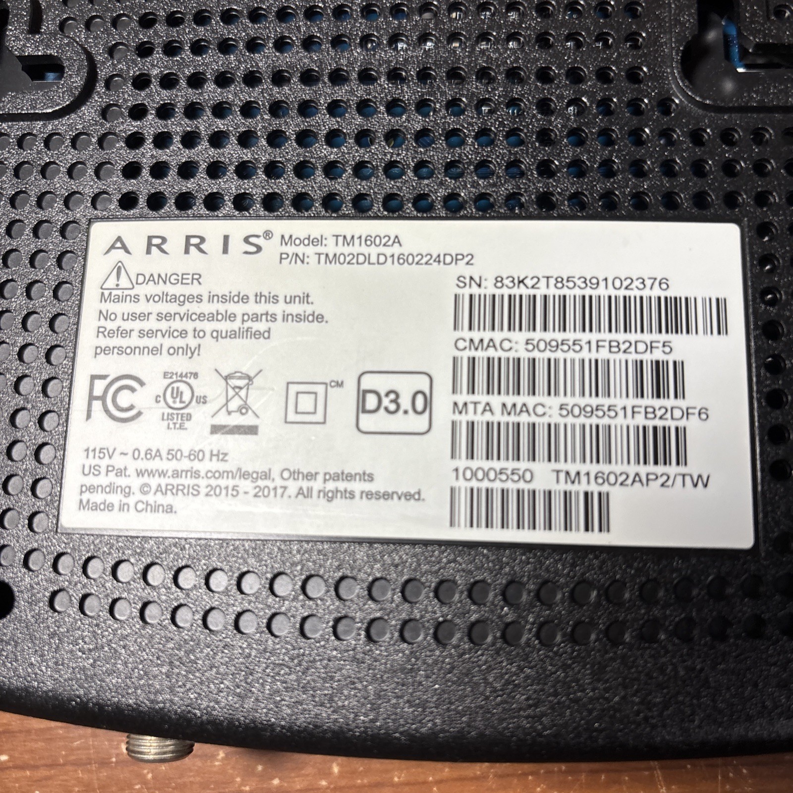 Arris TM1602 Cable Modem DOCSIS Optimum NO CORDS
