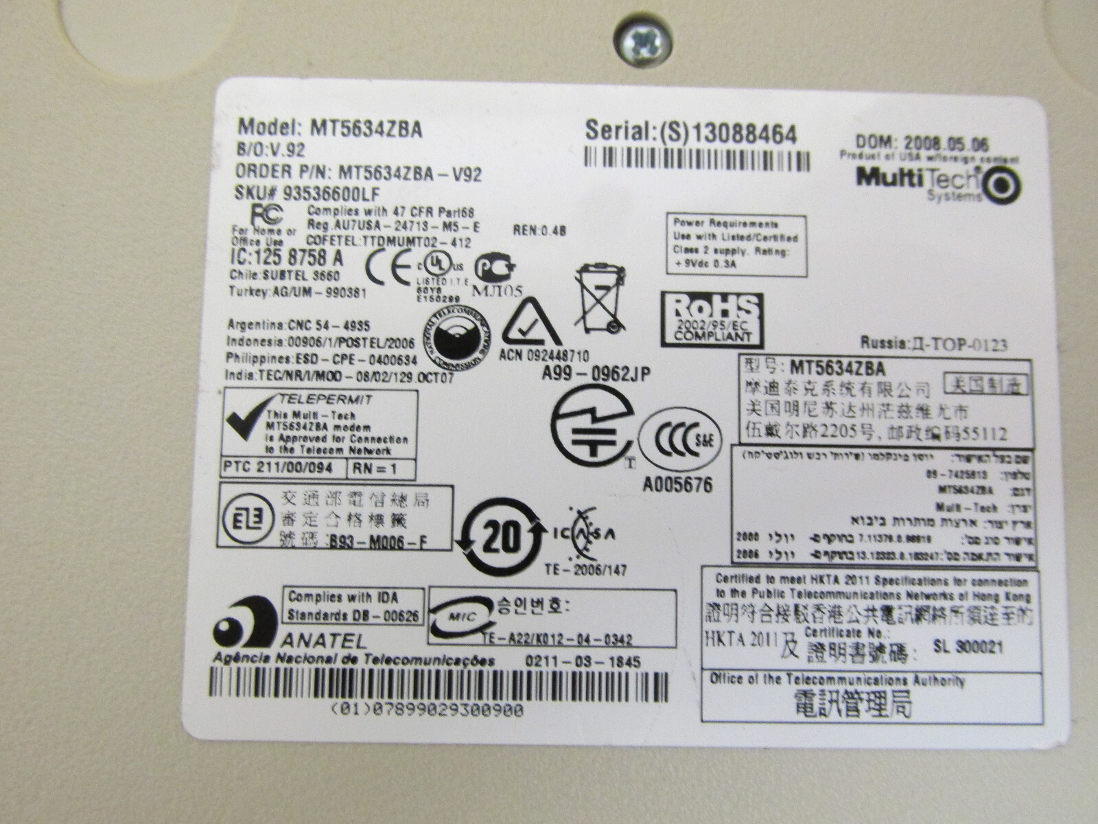MULTITECH MULTIMODEM MT5634ZBA V.92 DATA/FAX MODEM 56K