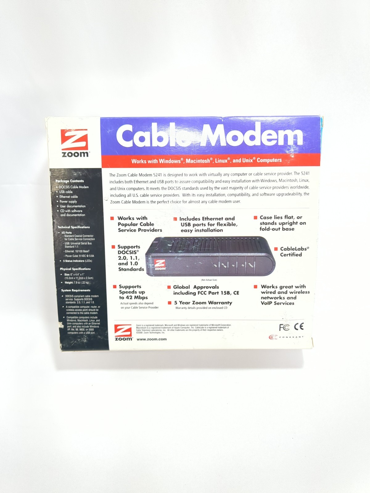 Zoom Cable Modem Model 5241 Ethernet USB External 42 Mbps Tested