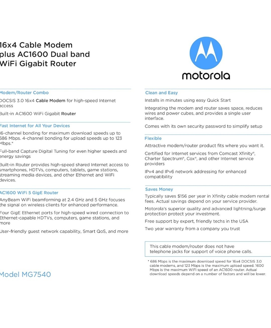 Motorola 16×4 Cable Modem plus AC1600 Router Model MG7540 – Refurbished