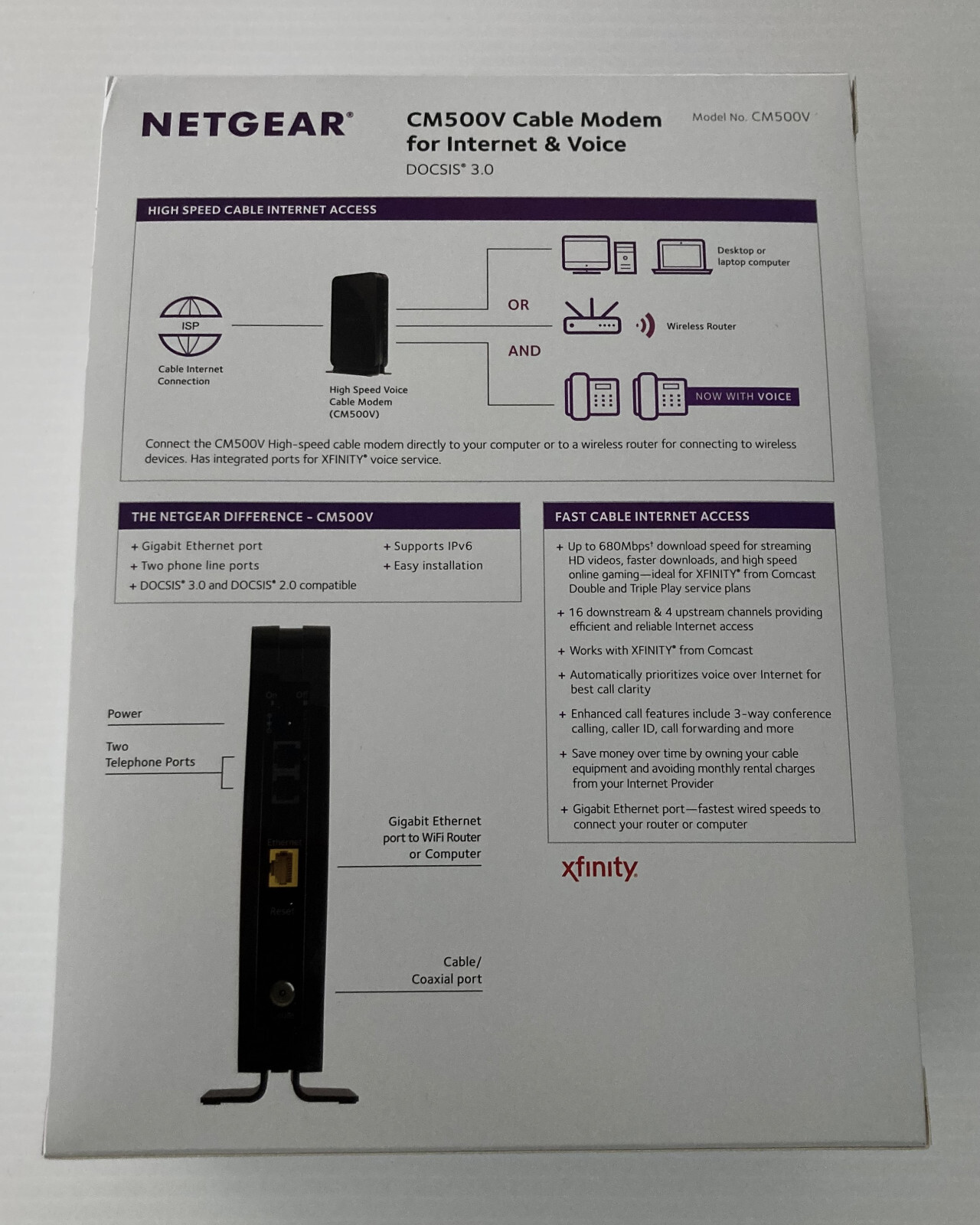 NETGEAR CM500V Cable Modem for XFINITY Internet & Voice – DOCSIS 3.0