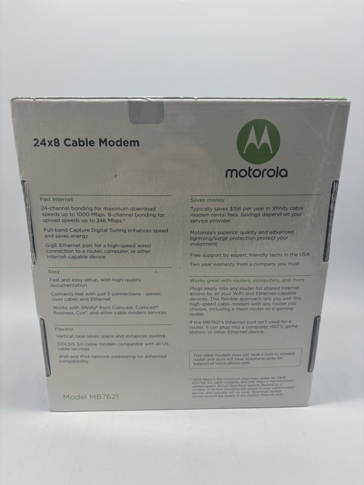 New Motorola 24×8 Cable Modem Model MB7621 DOCSIS 3.0 – AC Adapter and LAN Cable