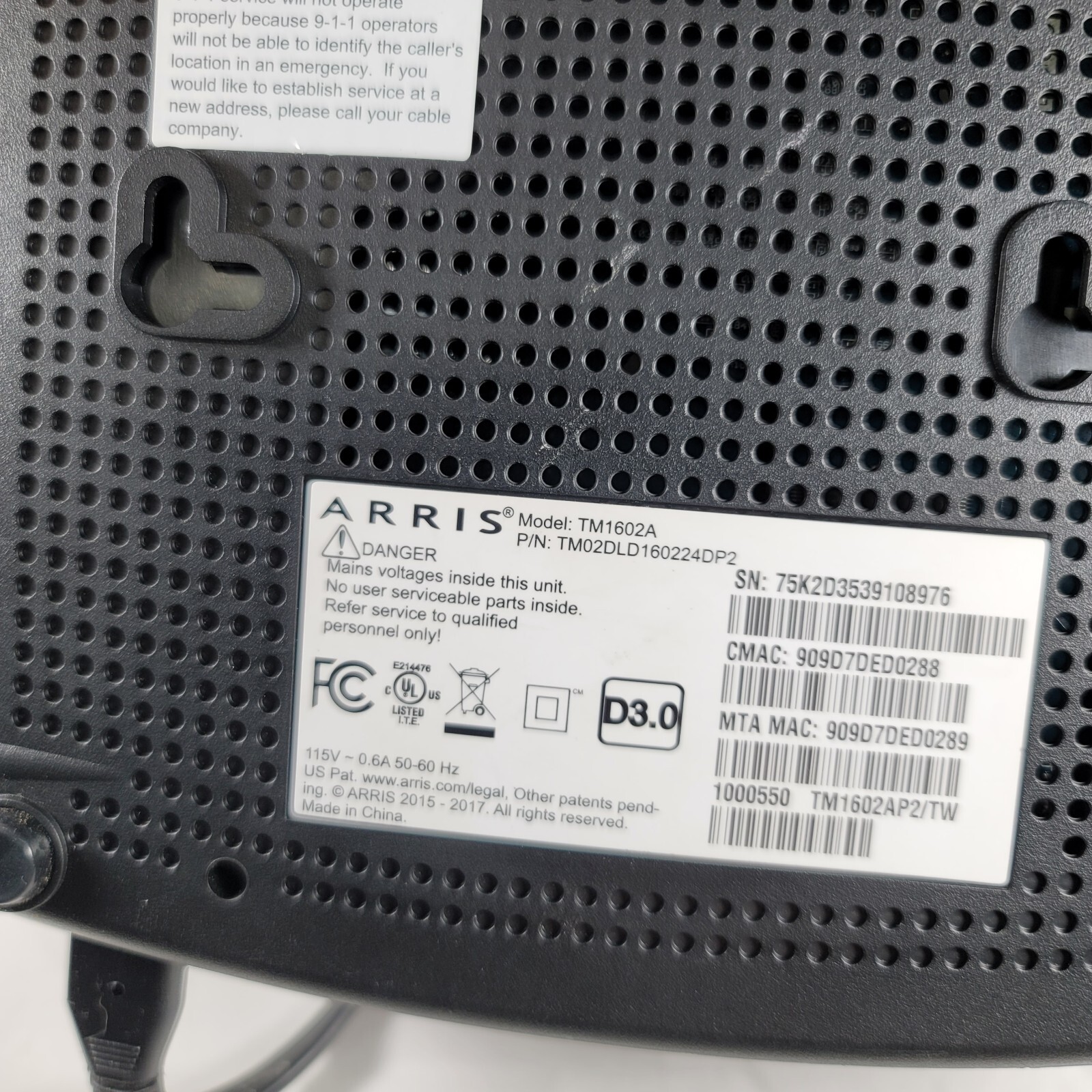 Arris Touchstone TM1602A Telephony Cable Modem16x4 Docsis 3.0