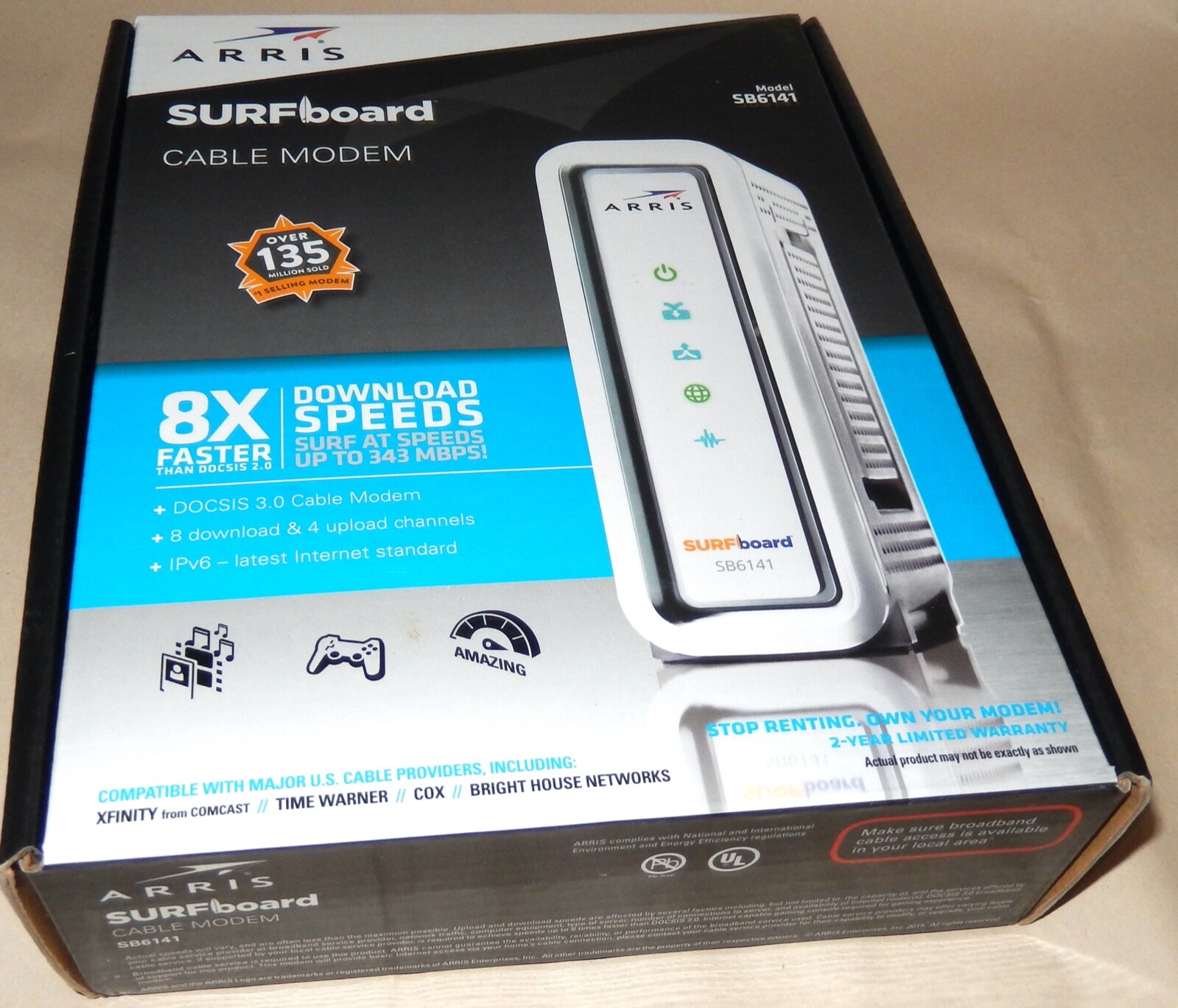 ARRIS SURFboard SB6141 Modem, 400 Series 8×4 DOCSIS 3.0 343 Mbps, White