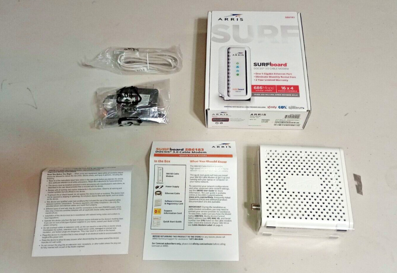 New In Open Box Arris Surfboard SB6183 686 Mbps DOCSIS 3.0 Cable Modem, White