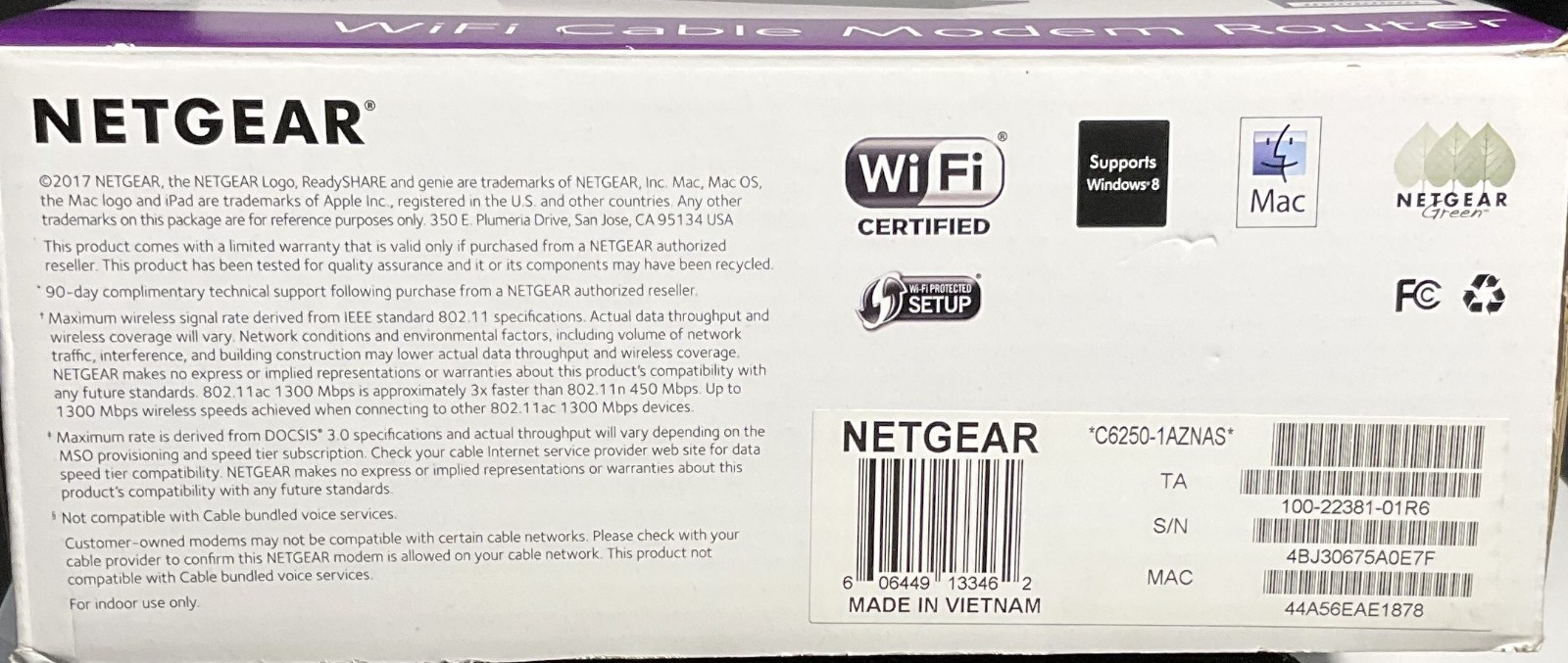 NETGEAR AC1600 WiFi Cable Modem Router C6250 – up to 680 Mbps – Used – Orig Box