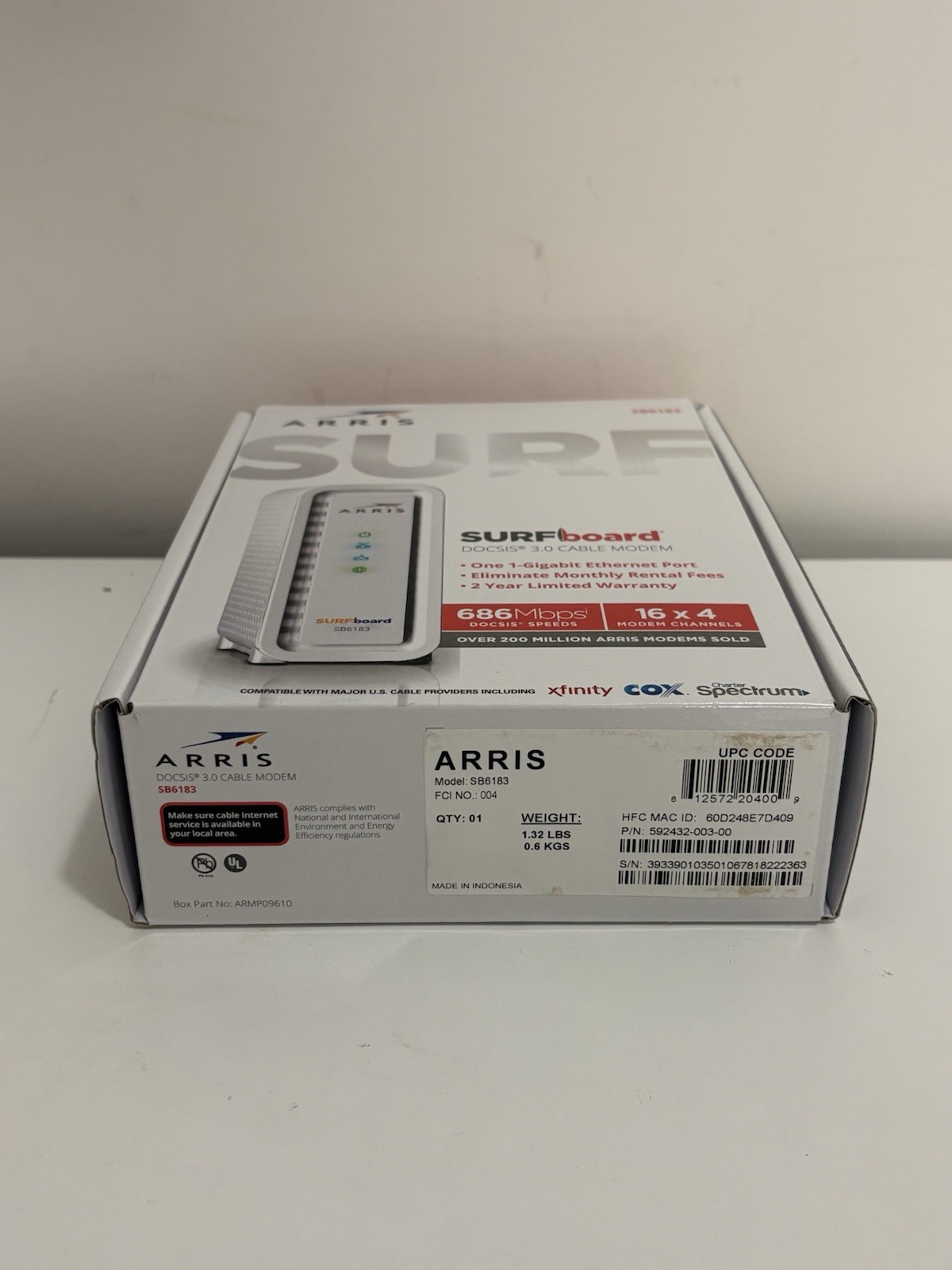 Arris Surfboard SB6183 686 Mbps 16×4 DOCSIS Cable Modem, White, Appears New