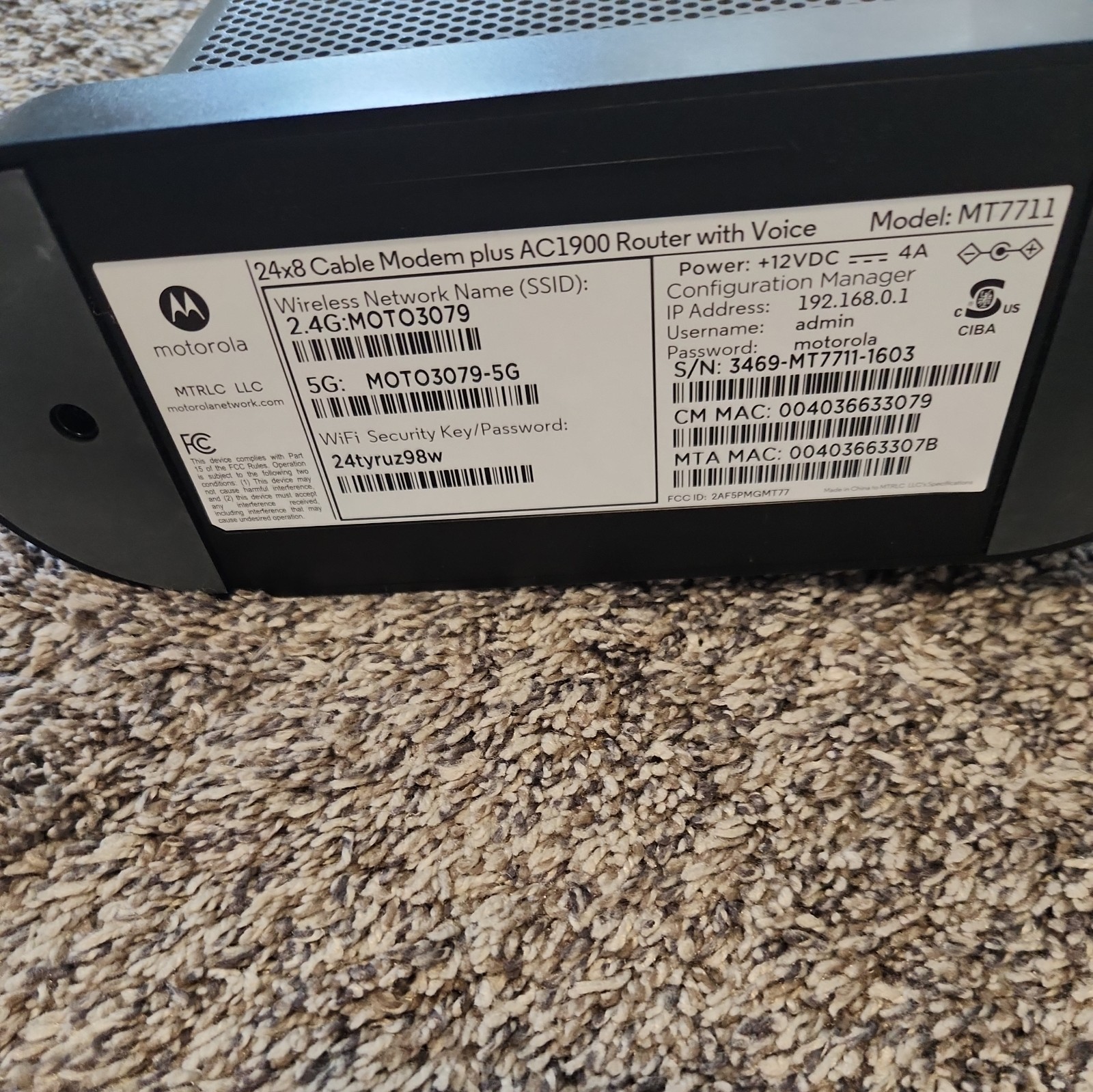 Motorola MT7711 24X8 Cable Modem and AC1900 Wi-fi Router