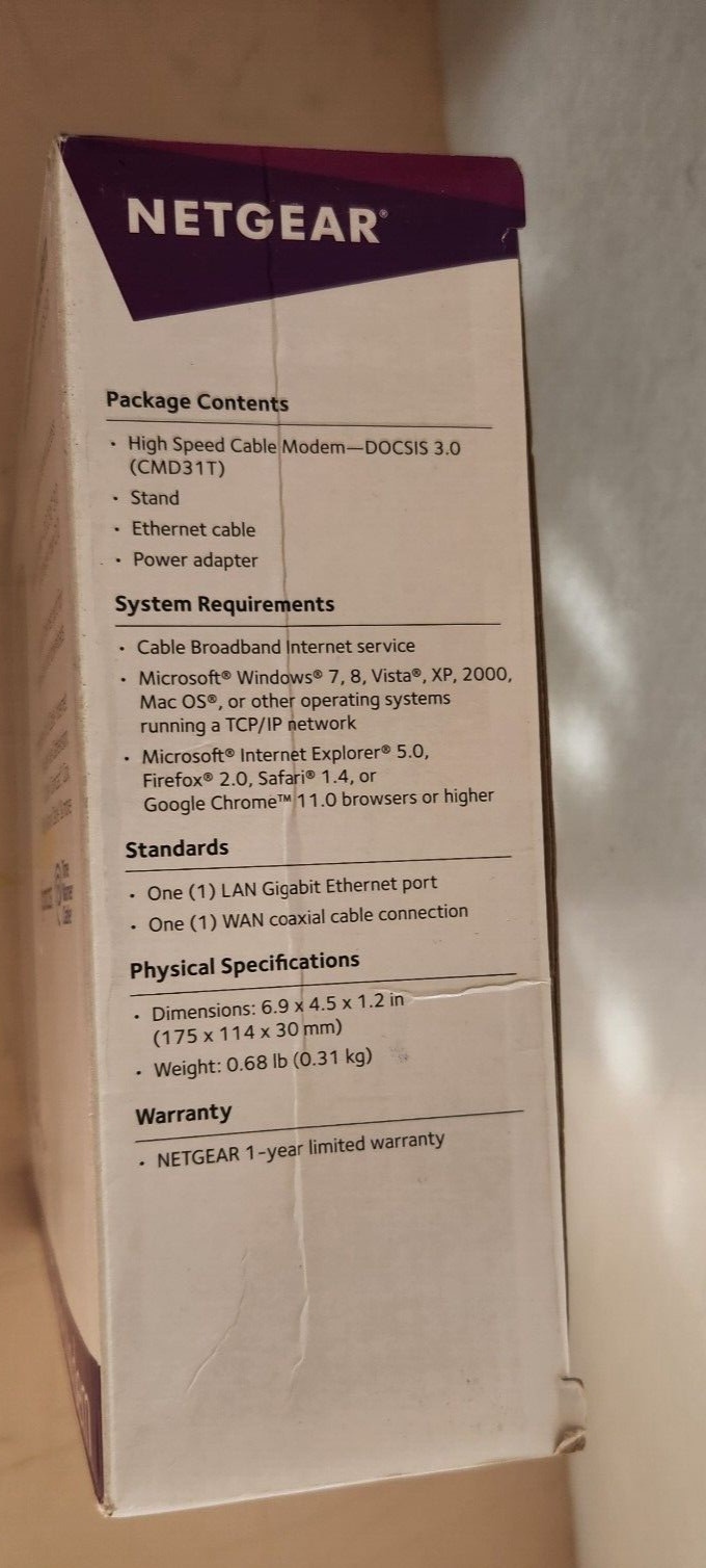 Netgear Internet Modem High Speed Cable Modem DOCSIS 3.0 CMD31T-100NAS Comcast