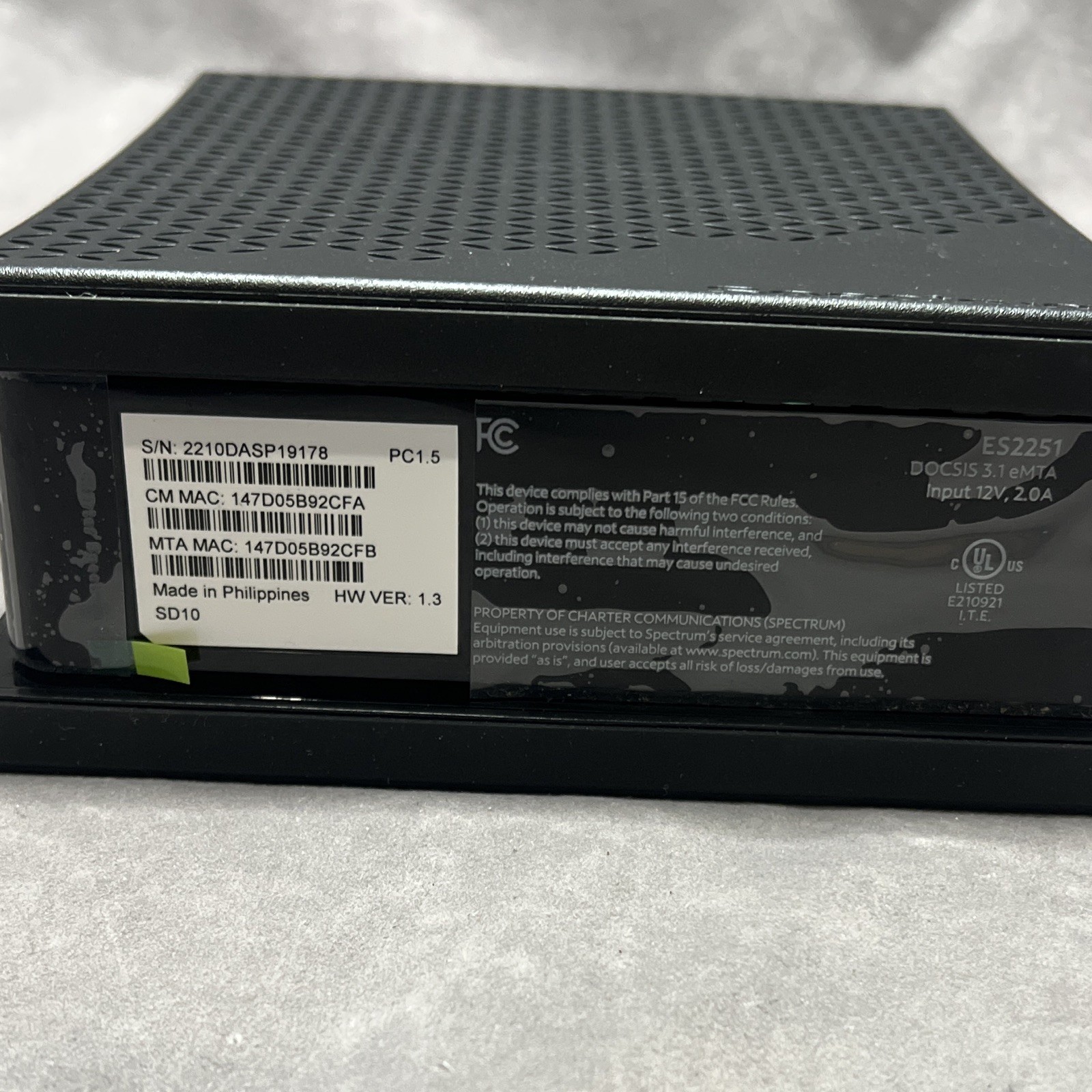 Spectrum ES2251 DOCSIS 3.1 eMTA Cable Modem 1Gbps Black 1x Ethernet