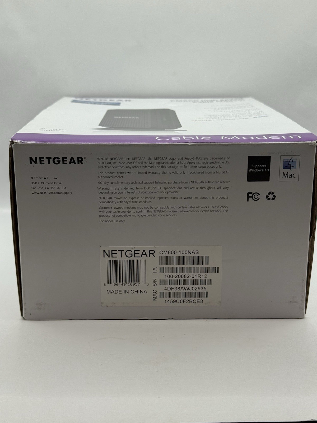 NETGEAR CM600 HIGH SPEED CABLE MODEM DOCSIS 3.0 Open Box Never Used