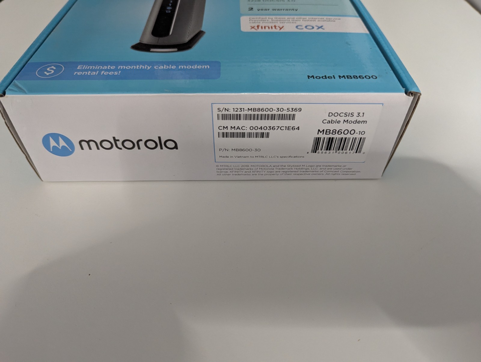 Motorola MB8600 DOCSIS 3.1 Cable Modem Gig-Speed Tested Working CIB W/ Box