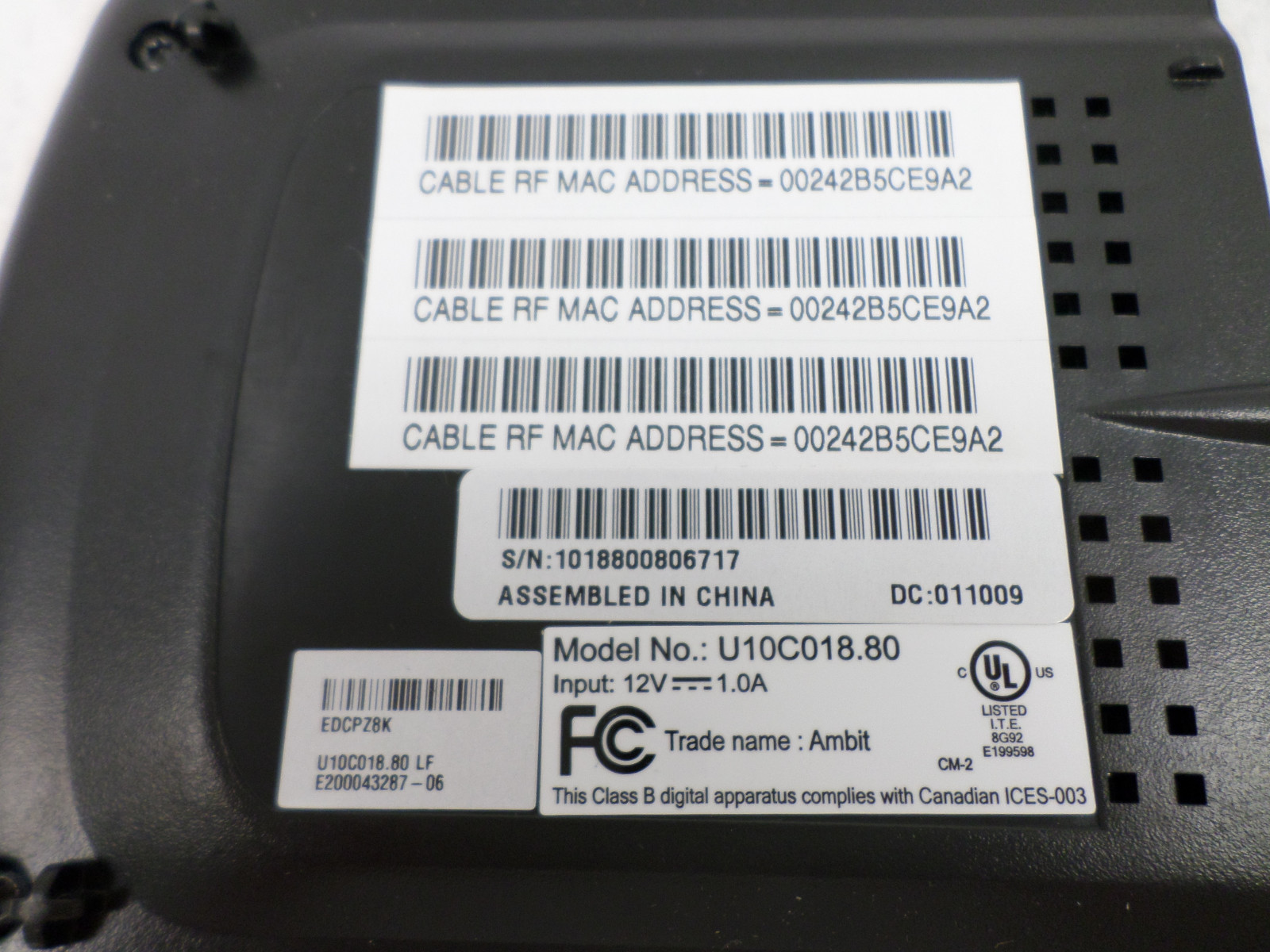 Ambit U10C018 DOCSIS 2.0 USB Ethernet Cable Modem U10C018.80 LF