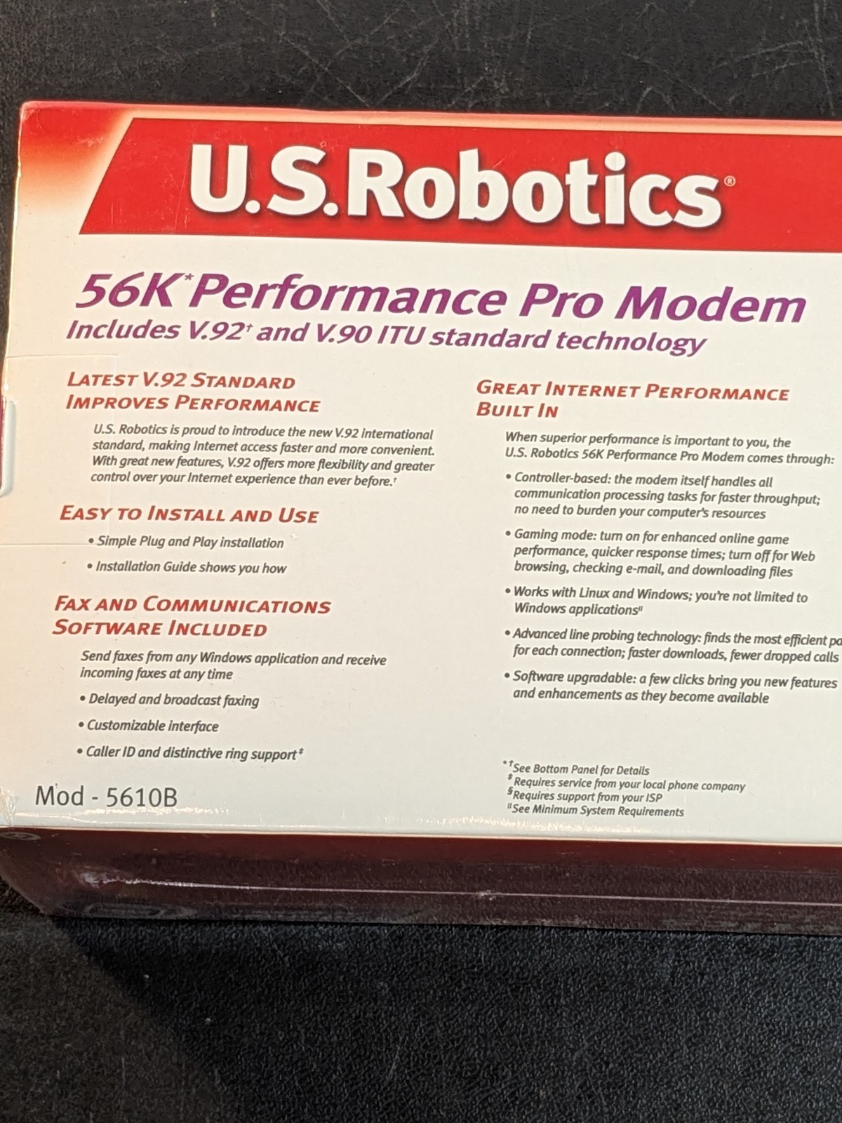 Sealed U.S. Robotics 56K Performance Pro Modem V.92 Mod 5610B NIB Brand New