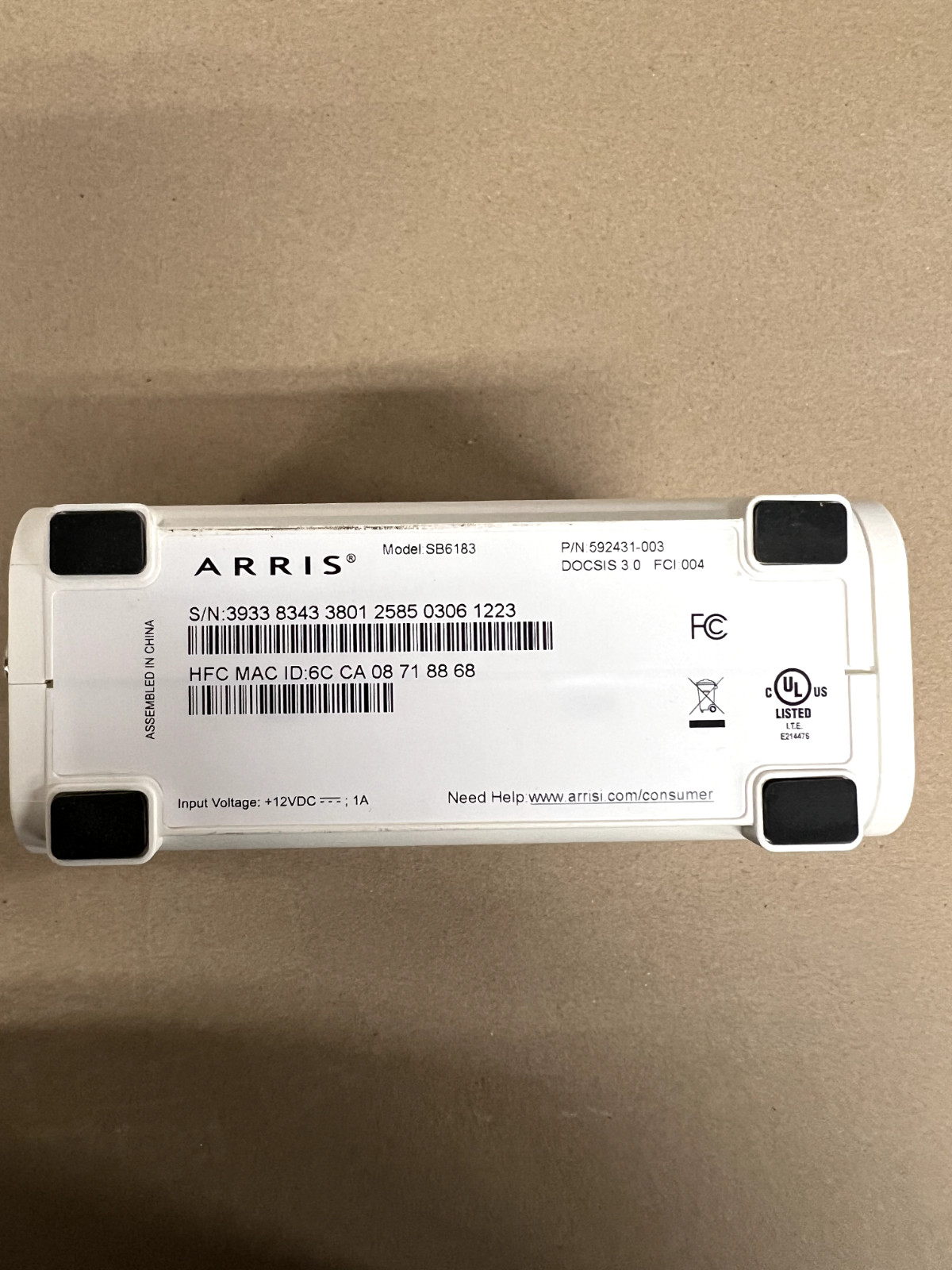 ARRIS SB6183 686 Mbps Cable Modem, White 592431-003