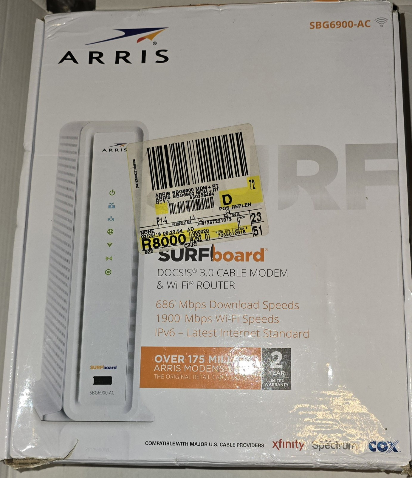 ARRIS SUFFBOARD SBG6900 -AC Docsis 3.0 Cable Mode. & Wi-Fi Router In Box