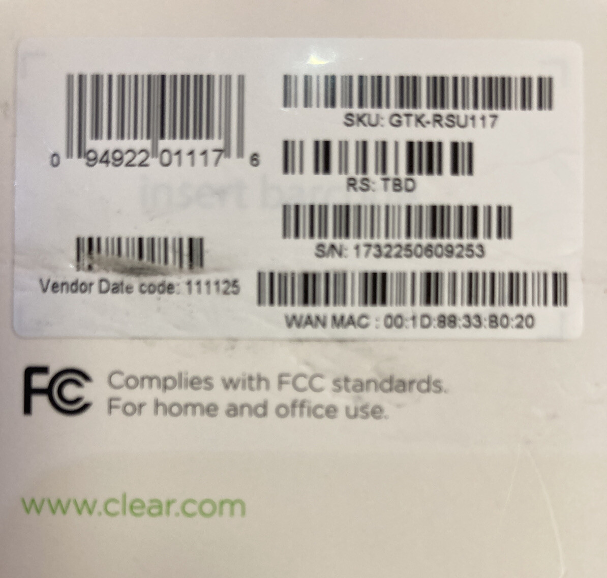 Clear Modem with Wifi Model# WIXFBR-117 w/Power Adapter