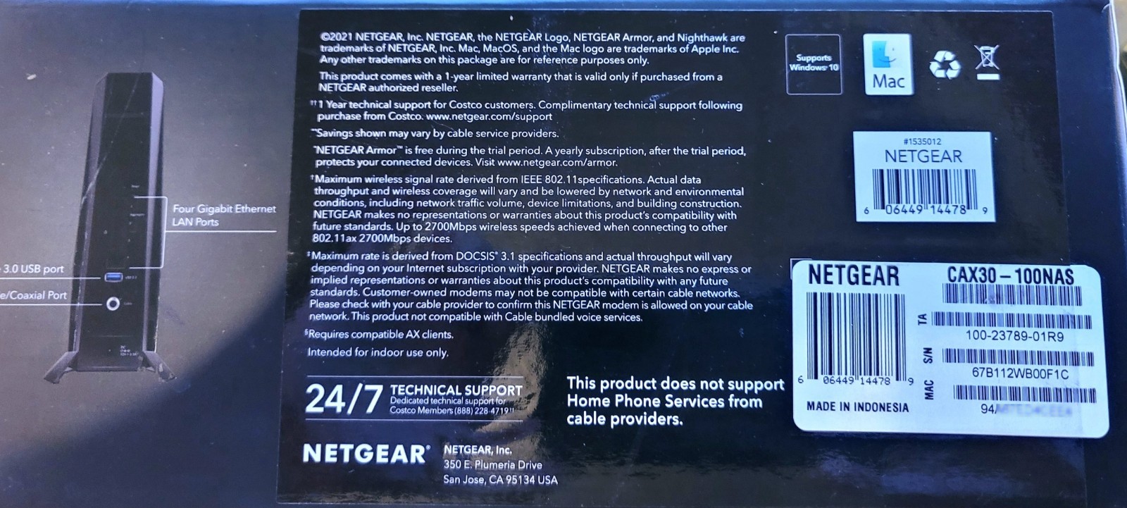 NETGEAR Nighthawk CAX30 AX2700 Dual-Band Wi-Fi 6 DOCSIS 3.1 Cable Modem Router