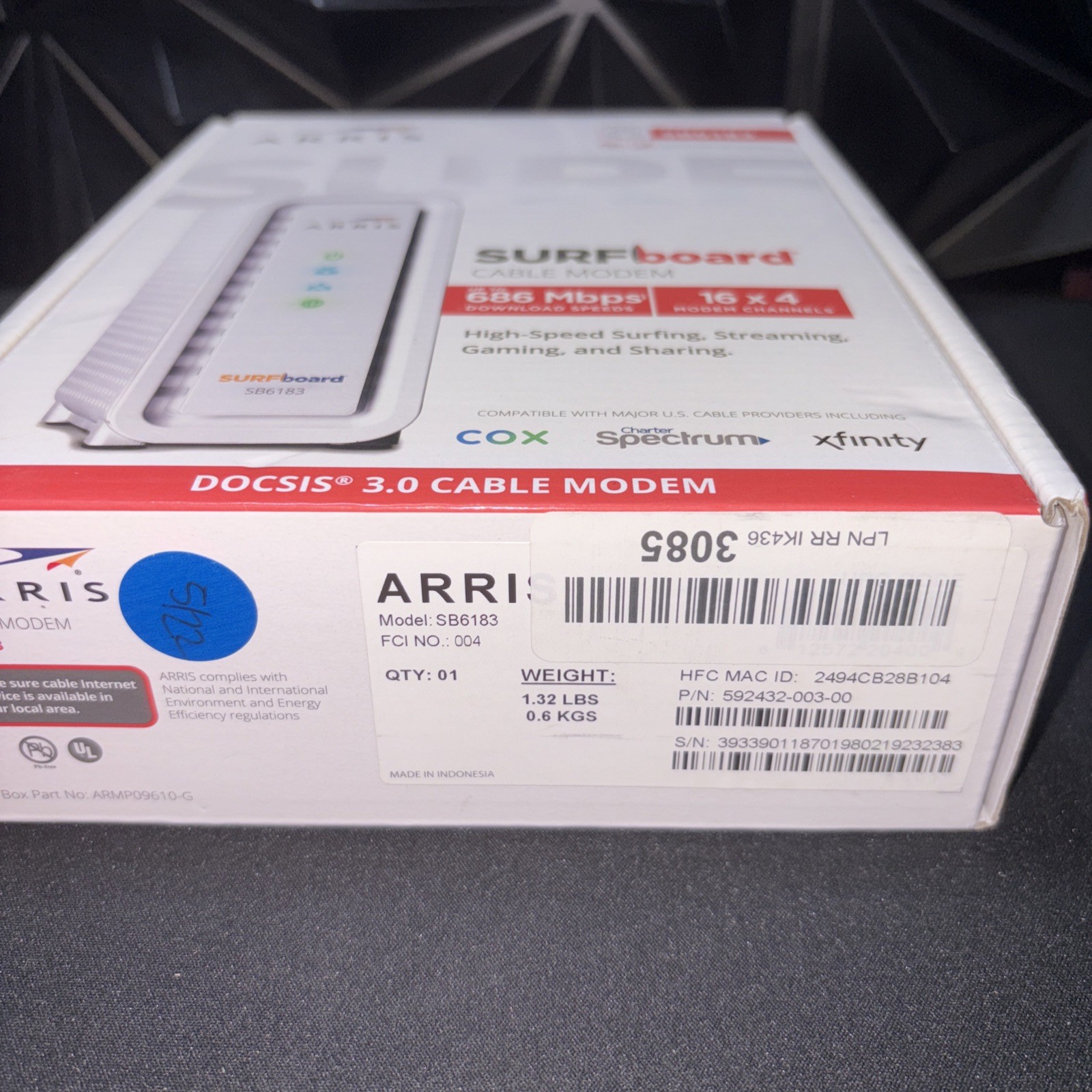 ARRIS SB6183 SURFBoard DOCSIS Speed 3.0 Cable Modem Xfinity Cox Spectrum – White