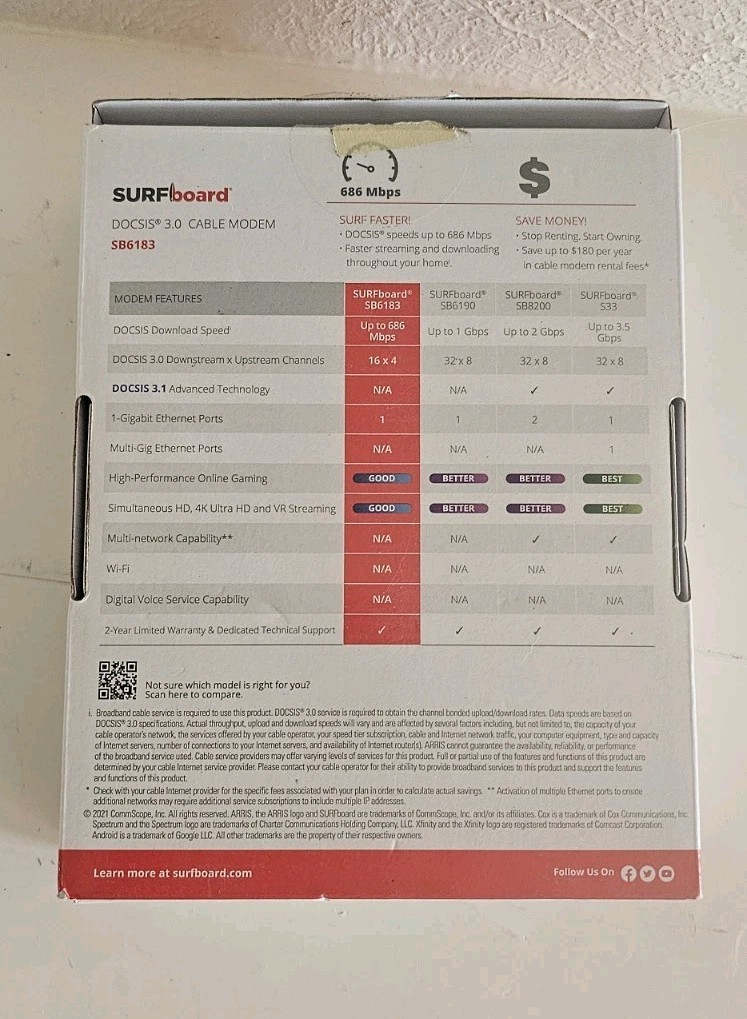 ARRIS SB6183 686 Mbps Cable Modem, White – 59243200300 No Power Supply
