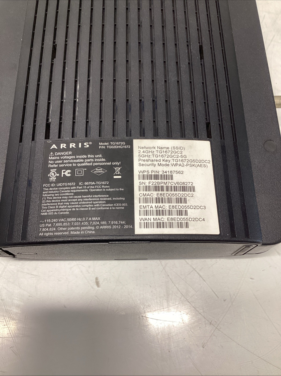 Arris TG1672G GATEWAY WIFI MODEM TG02DHQ1672 No Power Supply T-303