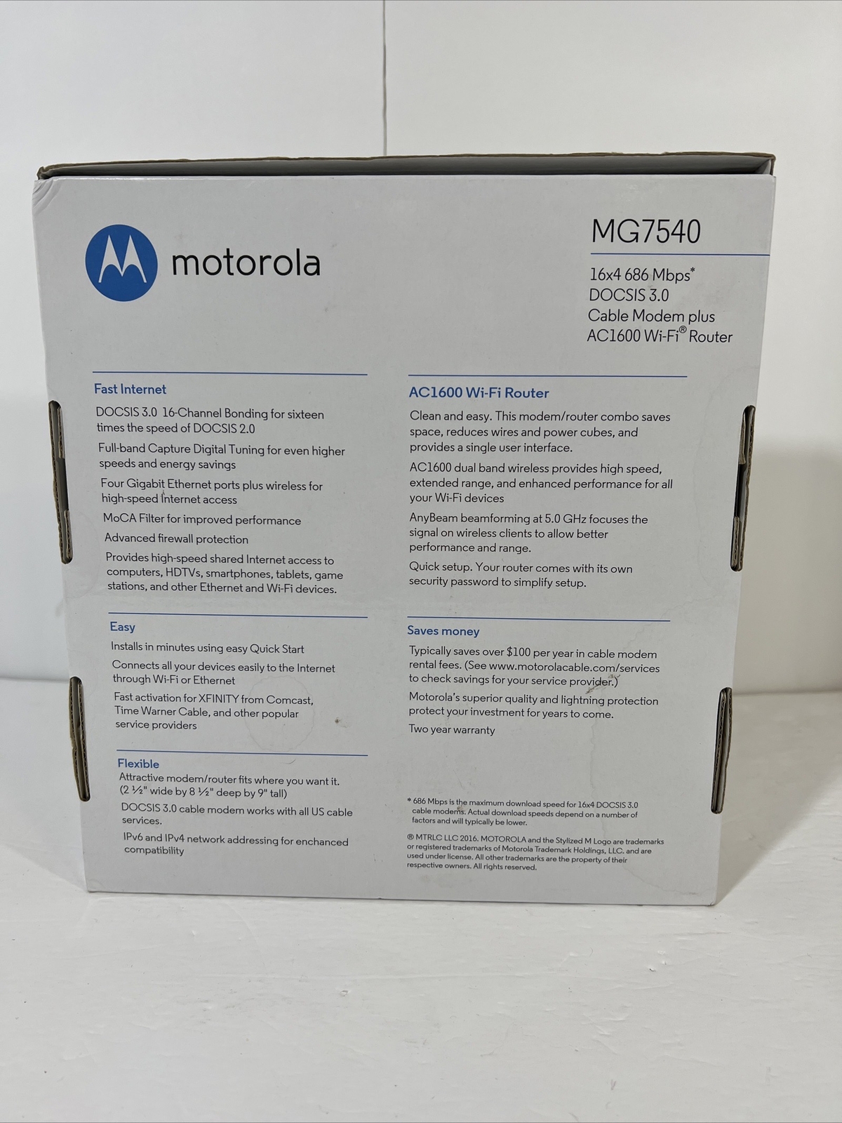 Motorola MG7540-10 16×4 Cable Modem Plus AC1600 Dual Band Wi-Fi Router