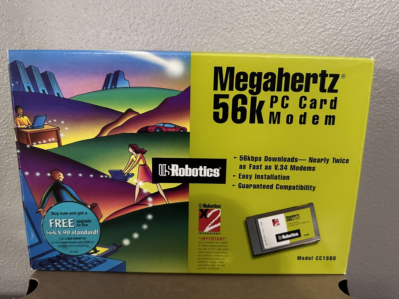 US Robotics Megahertz 56k PC Card Modem W/ Disk, Cord And Box. NEW