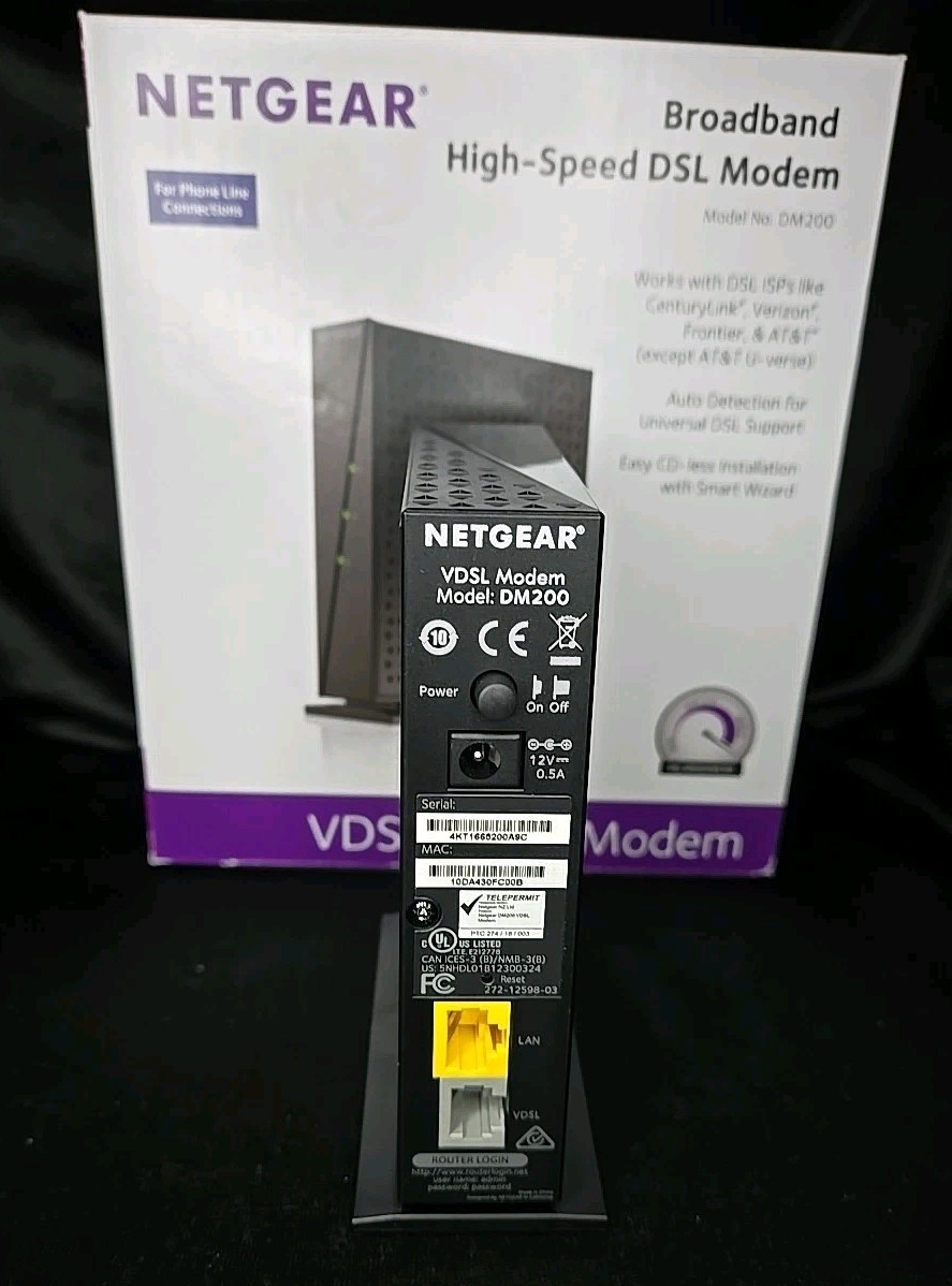 NETGEAR DM200-100NAS DSL VDSL High Speed Broadband Modem With Box And Accessorie