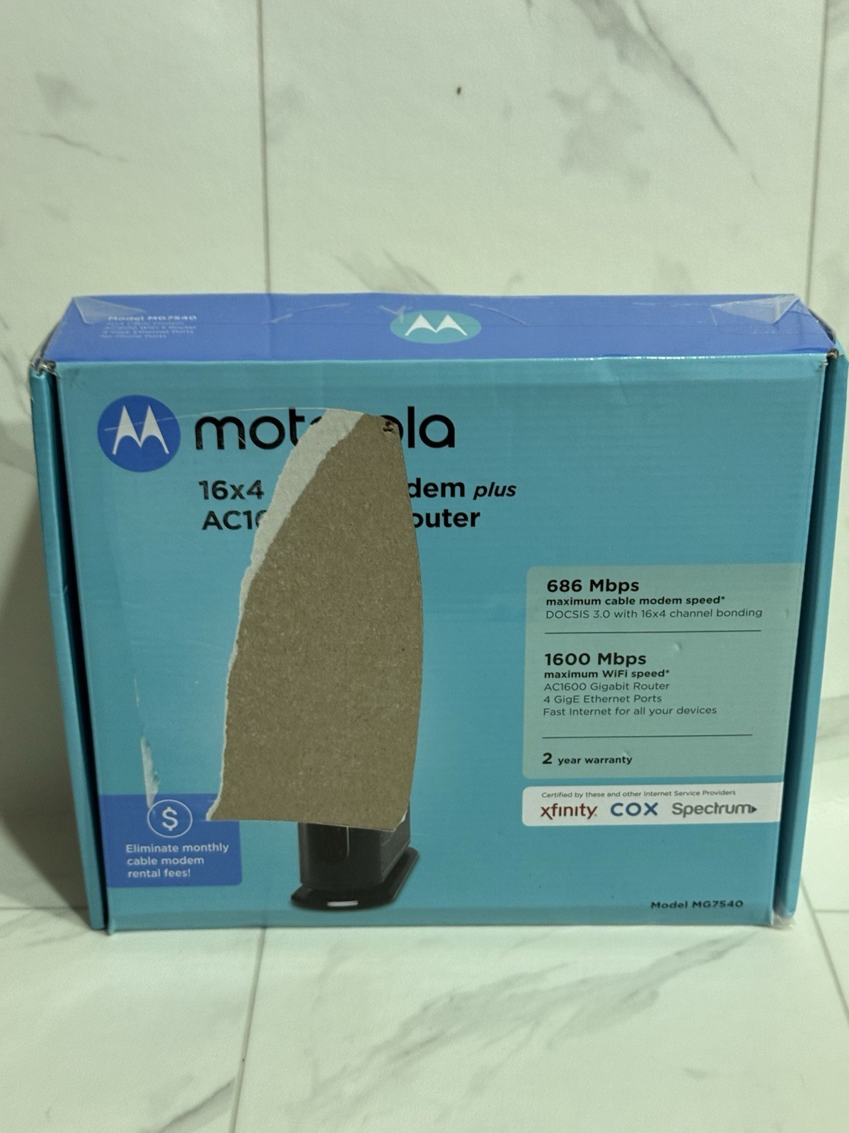 Motorola 16×4 Cable Modem Plus AC1600 Dual Band WiFi Gigabit Router Model MG7540