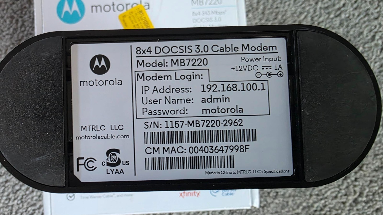 Motorola MB7220 DOCSIS 3.0 Cable Modem