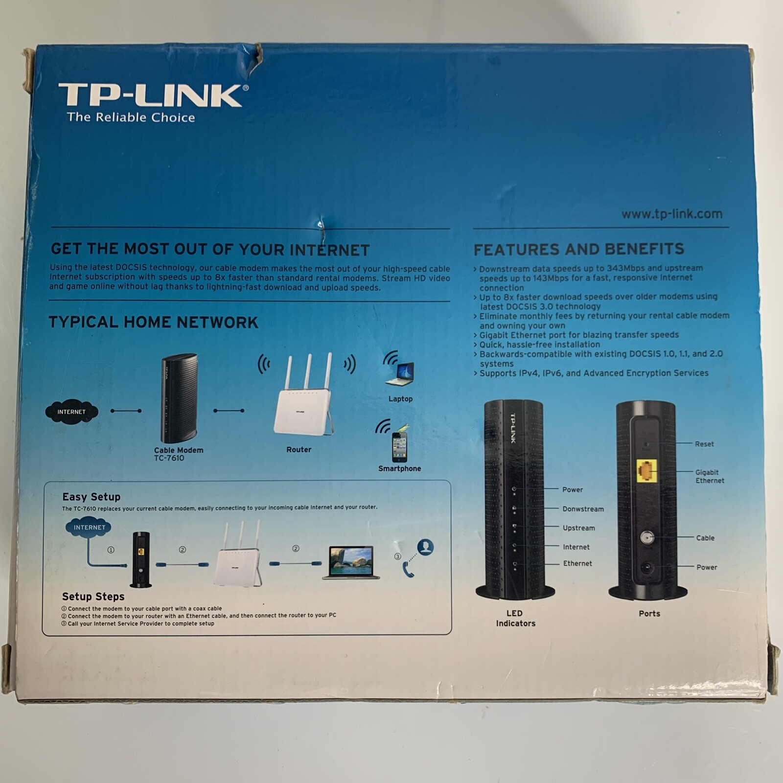 TP-Link TPLink DOCSIS 3.0 Cable Modem Black TC7610 TC-7610 343 Mbps Xfinity Cox