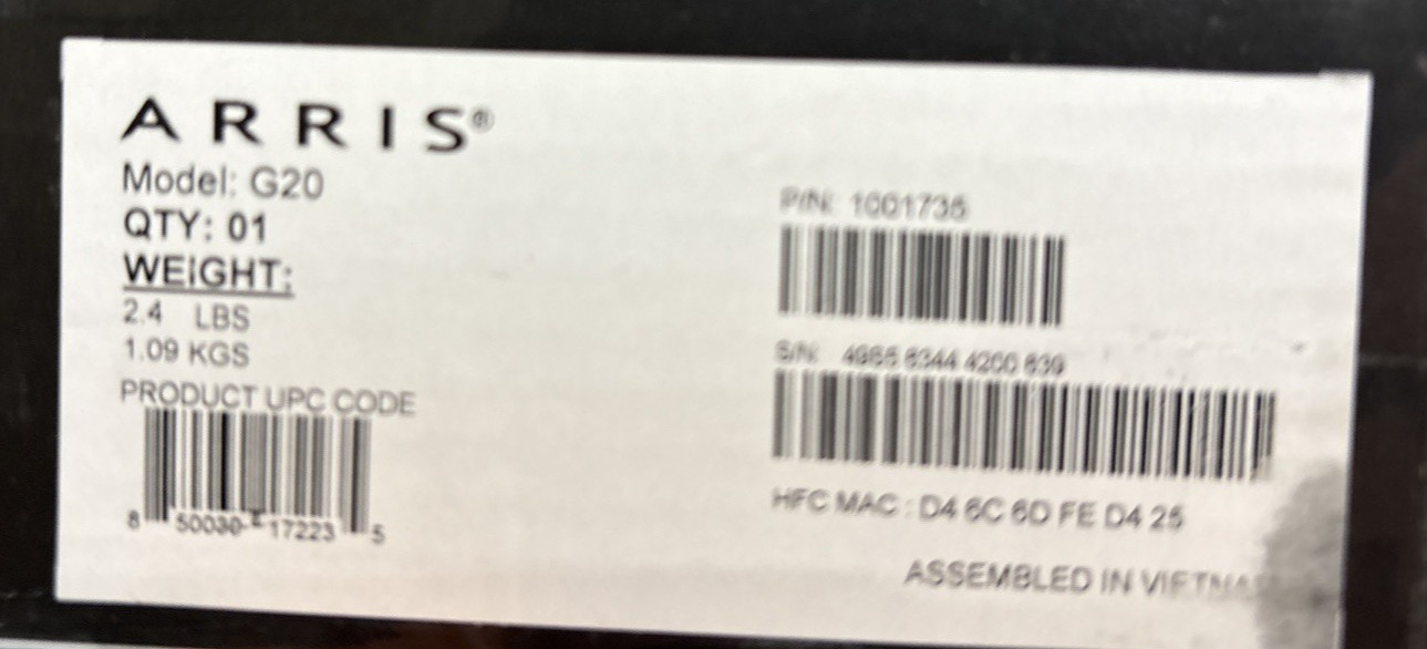 ARRIS G20 DOCSIS 3.1 Cable Modem & AX3000 WiFi Wi-Fi 6 Router