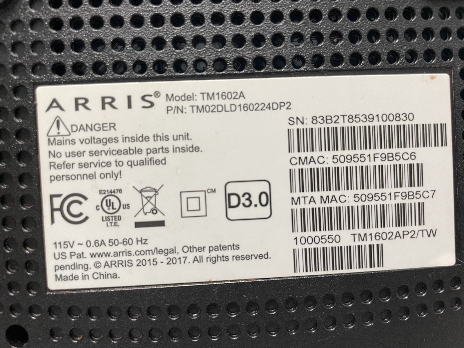 Arris Touchstone TM1602A Telephony Cable Modem 16×4 Docsis 3.0