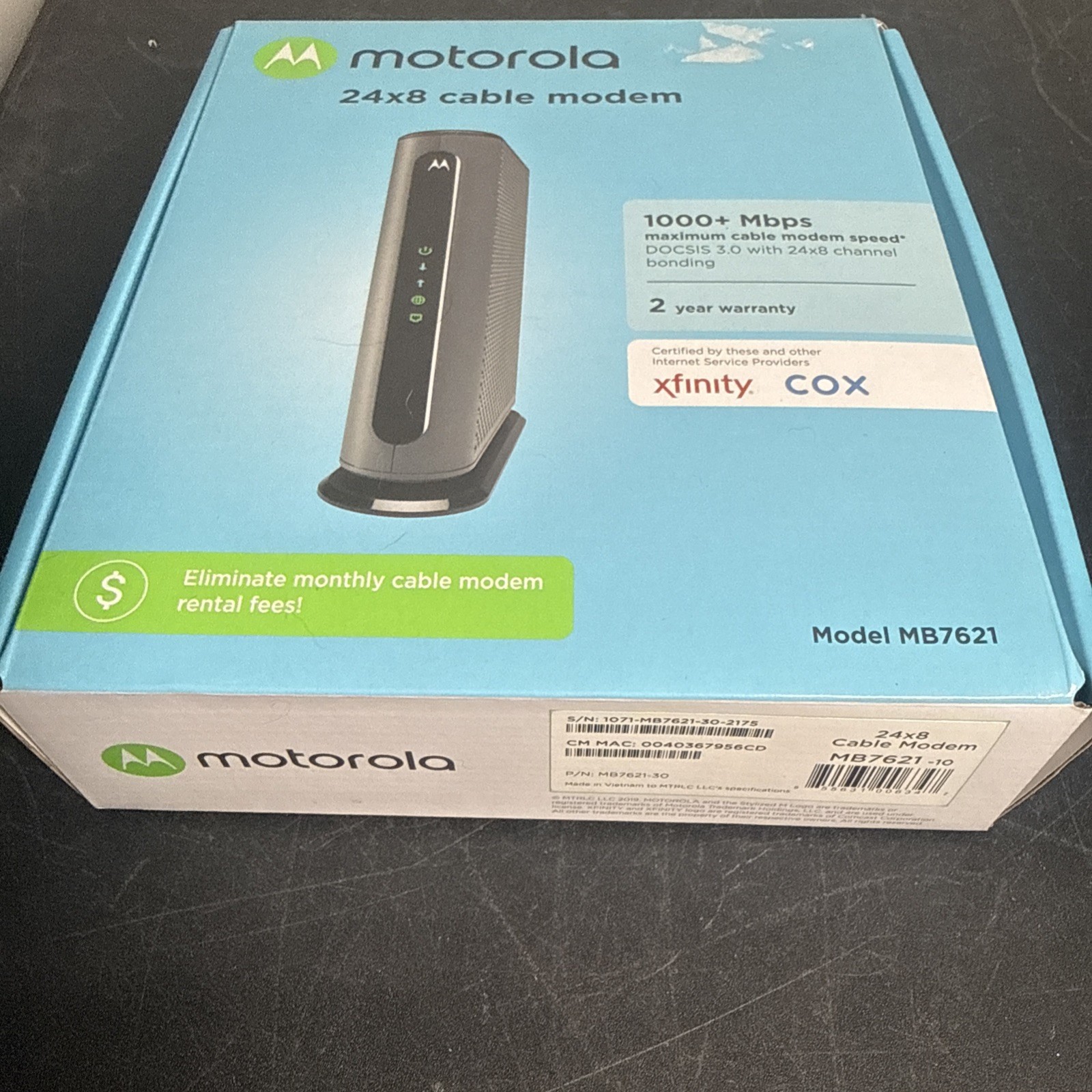 MOTOROLA 24×8 Cable Modem MB7621 1000+ MBPS Xfinity Cox Open Box