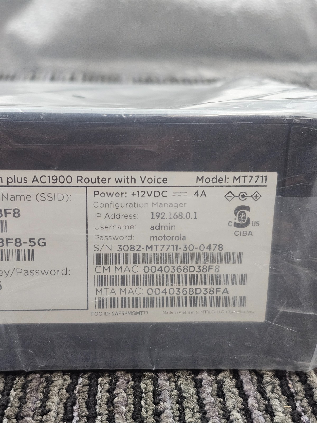 Motorola MT7711 Cable Modem Plus AC1900 WiFi Router Modem