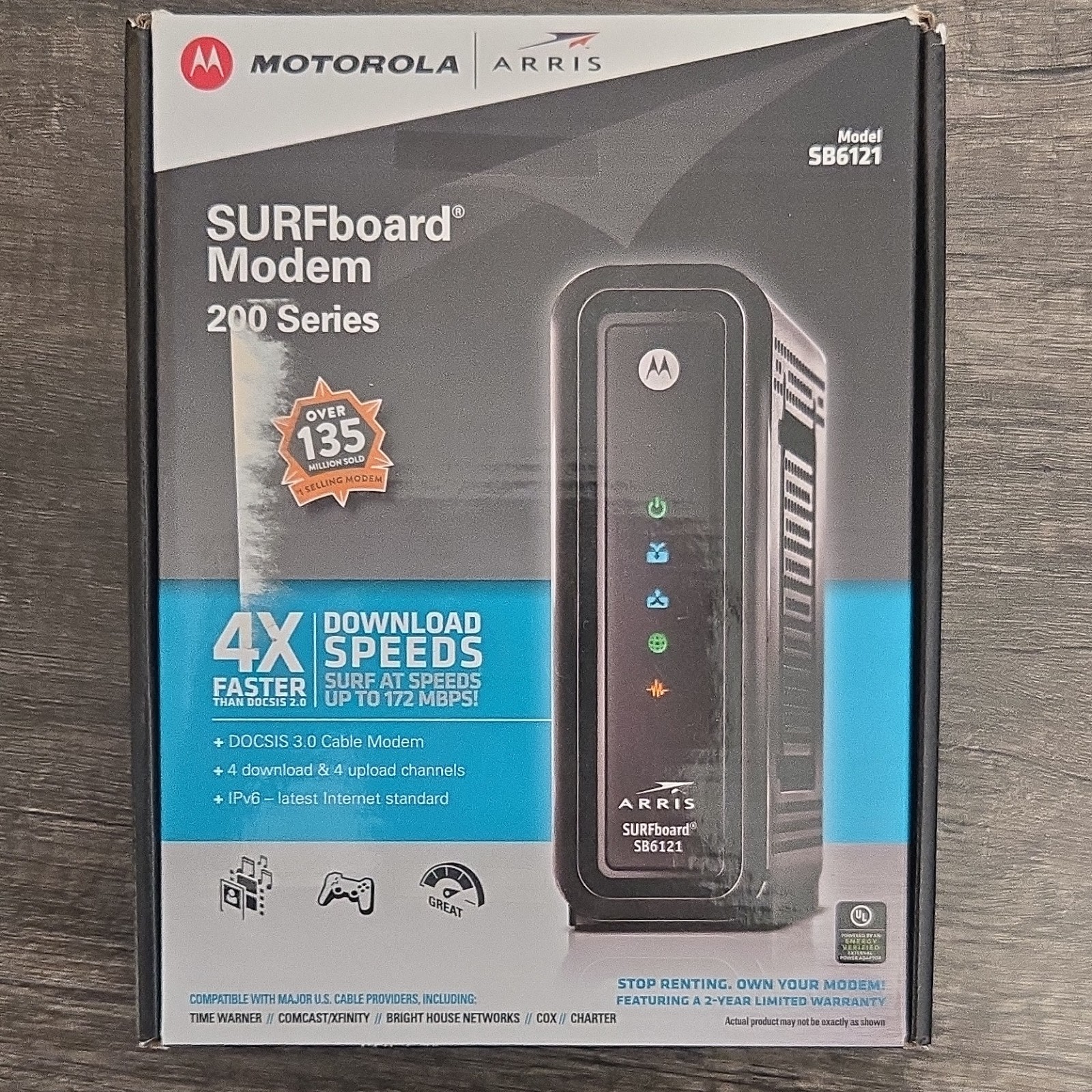 ARRIS SB6121 DOCSIS 3.0 Cable Modem 172 Mbps Ethernet IPv6 Comcast Compatible